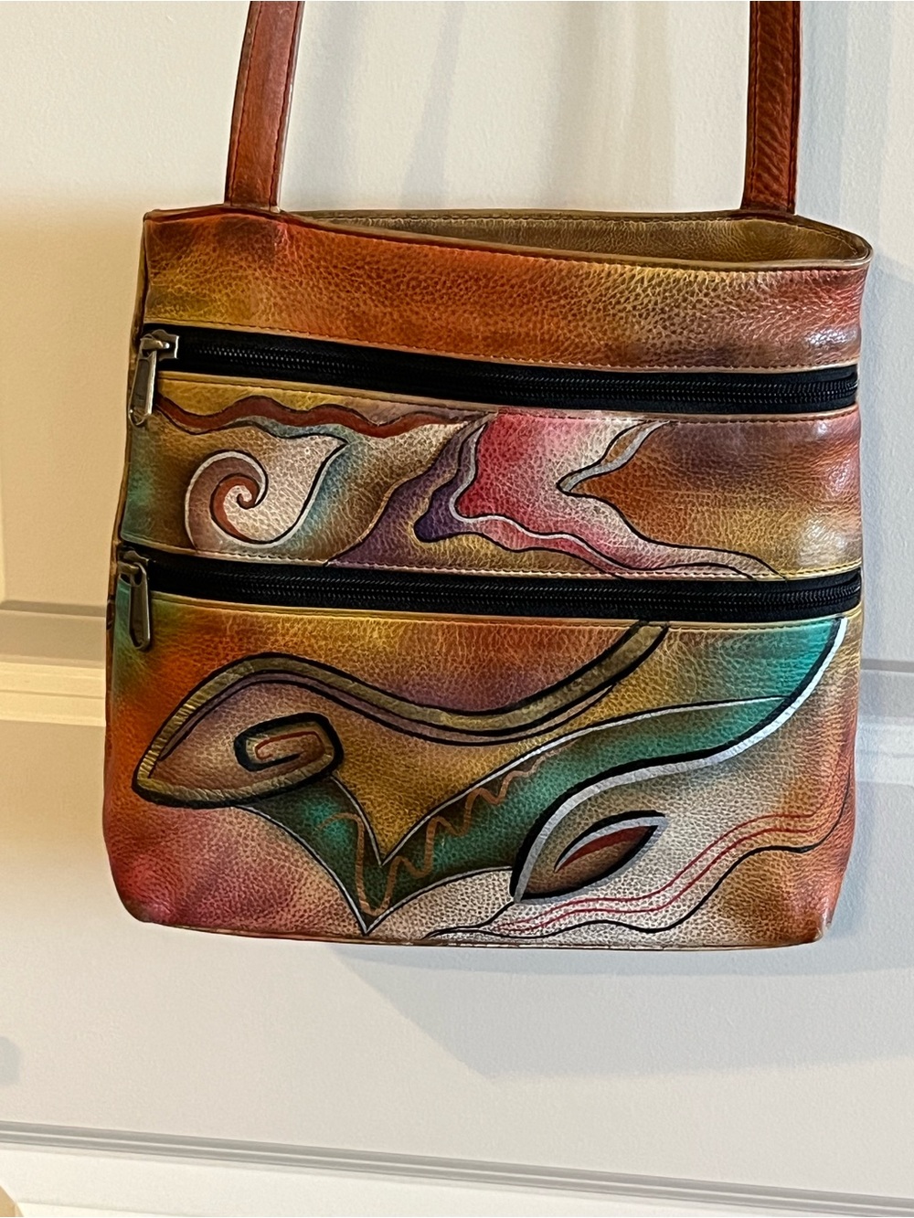 Anuschka Hand Painted Leather Crossbody Bag Art To Wear Bohemian Hippie